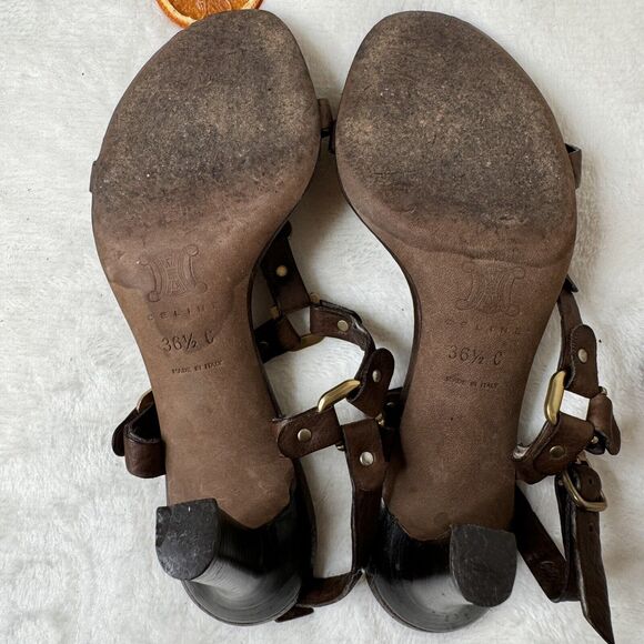 Celine Paris Shoes Sandals Heels Brown Leather T Strap 36.5 Gold Harness Detail - Picture 8 of 8